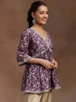 Purple Printed Silk Blend A-line Kurti - Image 3