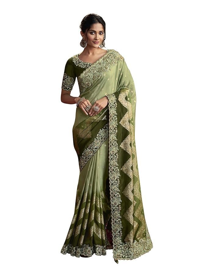 81Tk-ASBLL._SY879_.jpg Women's Jacquard Silk Embroidery border work Saree with Heavy work Unstitch Blouse Piece - Image 1