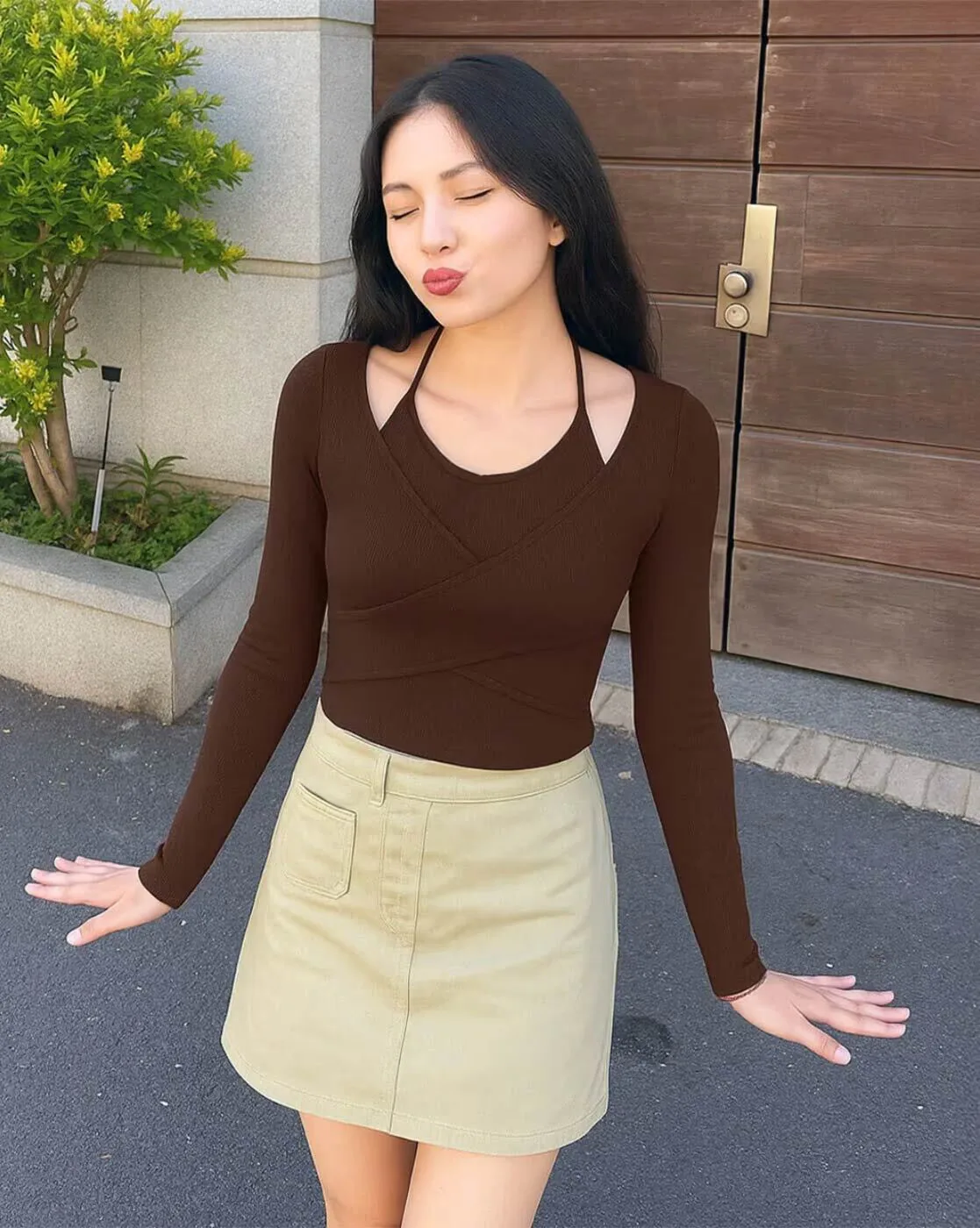 1117Wx1400H-702376734-brown-MODEL.webp Women Slim Fit Halter-Neck Top - Image 1