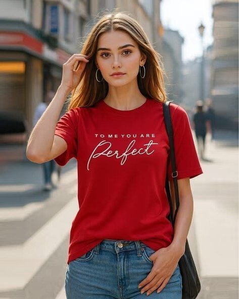 473Wx593H-702295527-red-MODEL.jpg Women Typographic Print Regular Fit T-Shirt - Image 1